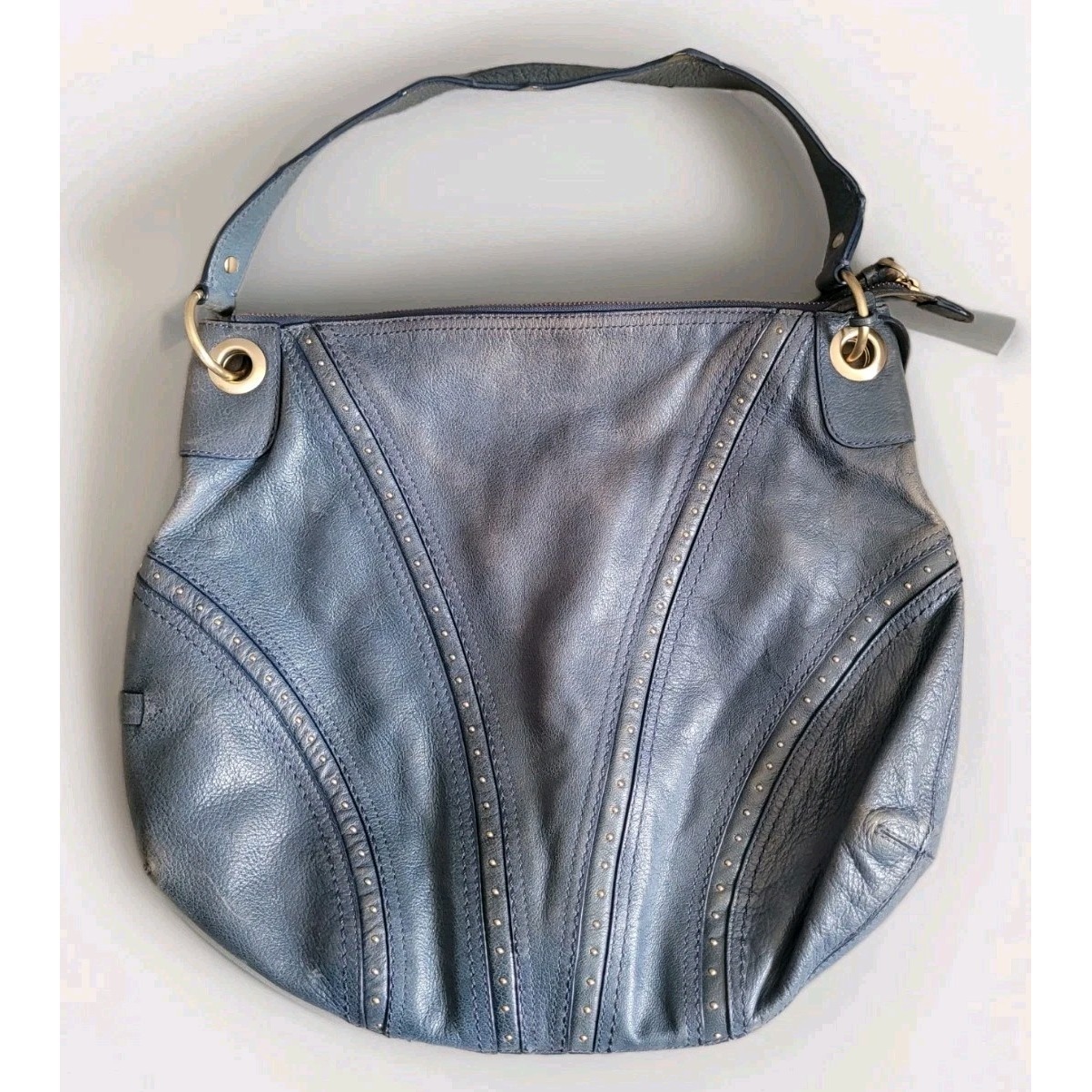 Cole Haan Blue Distressed Studded Leather Hobo Shoulder Bag